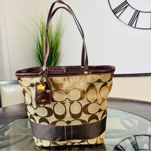 Coach Vintage Signature Canvas Tote Bag with Brown Leather Trim & Handles Y2K